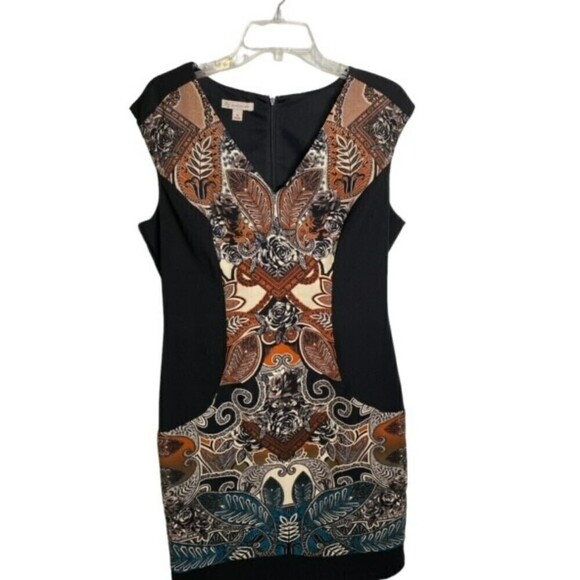 CB established 1962 14 EUC Womens Black Print Cap Sleeve Sheath Midi Dress - Picture 2 of 5